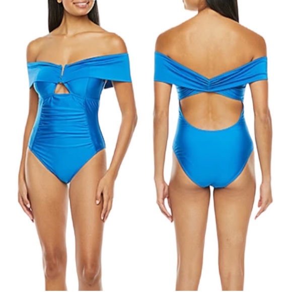 Mynah Other - MYNAH Ruched Off-Shoulder One Piece Blue Swimsuit